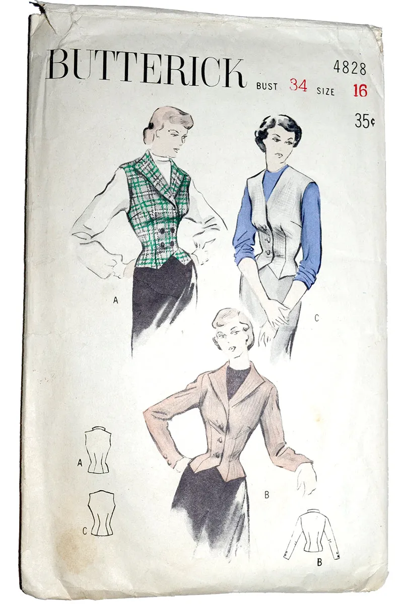 1940s Butterick 4828 Vintage Sewing Pattern for Weskit Jacket Vest