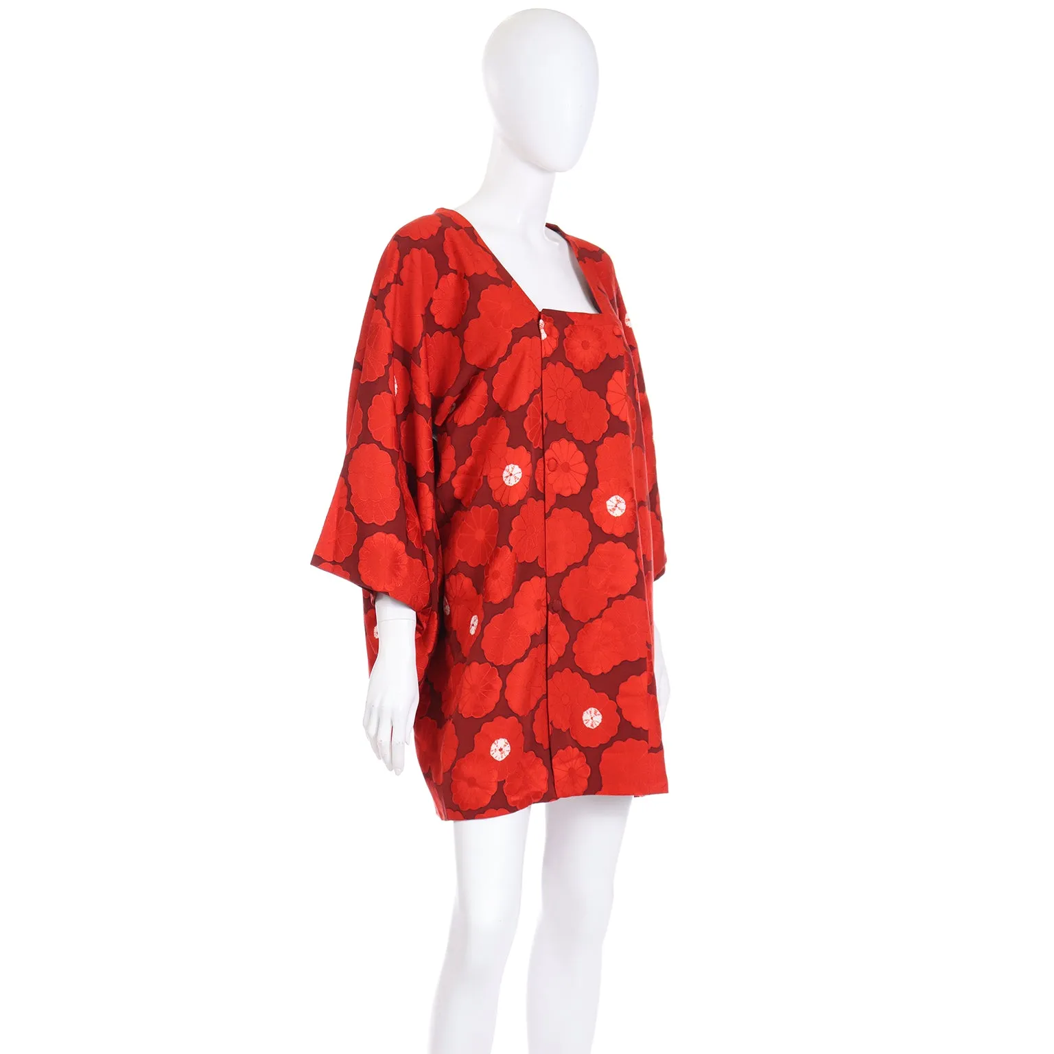 1960s Japanese Vintage Red Floral Silk Michiyuki Haori Jacket