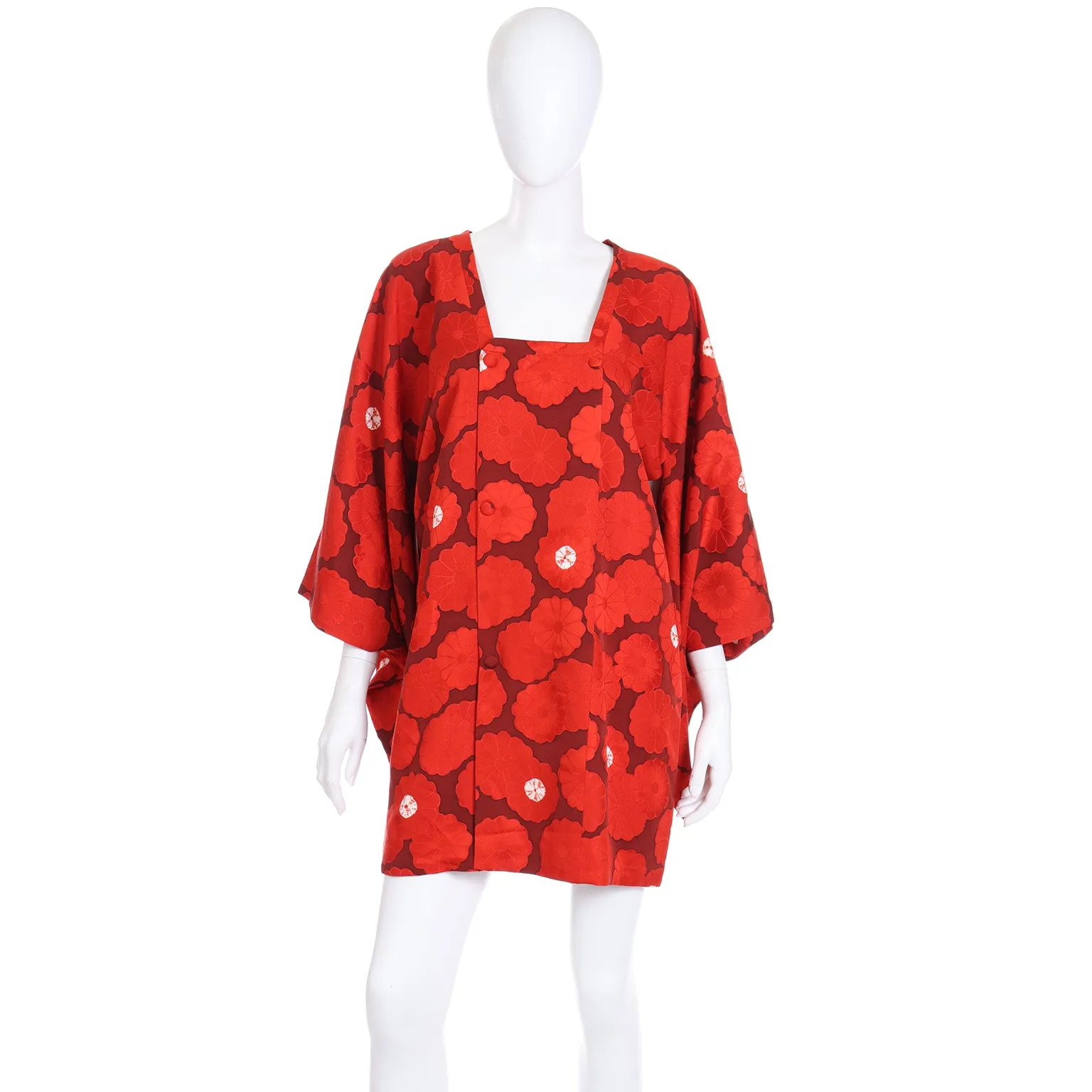 1960s Japanese Vintage Red Floral Silk Michiyuki Haori Jacket