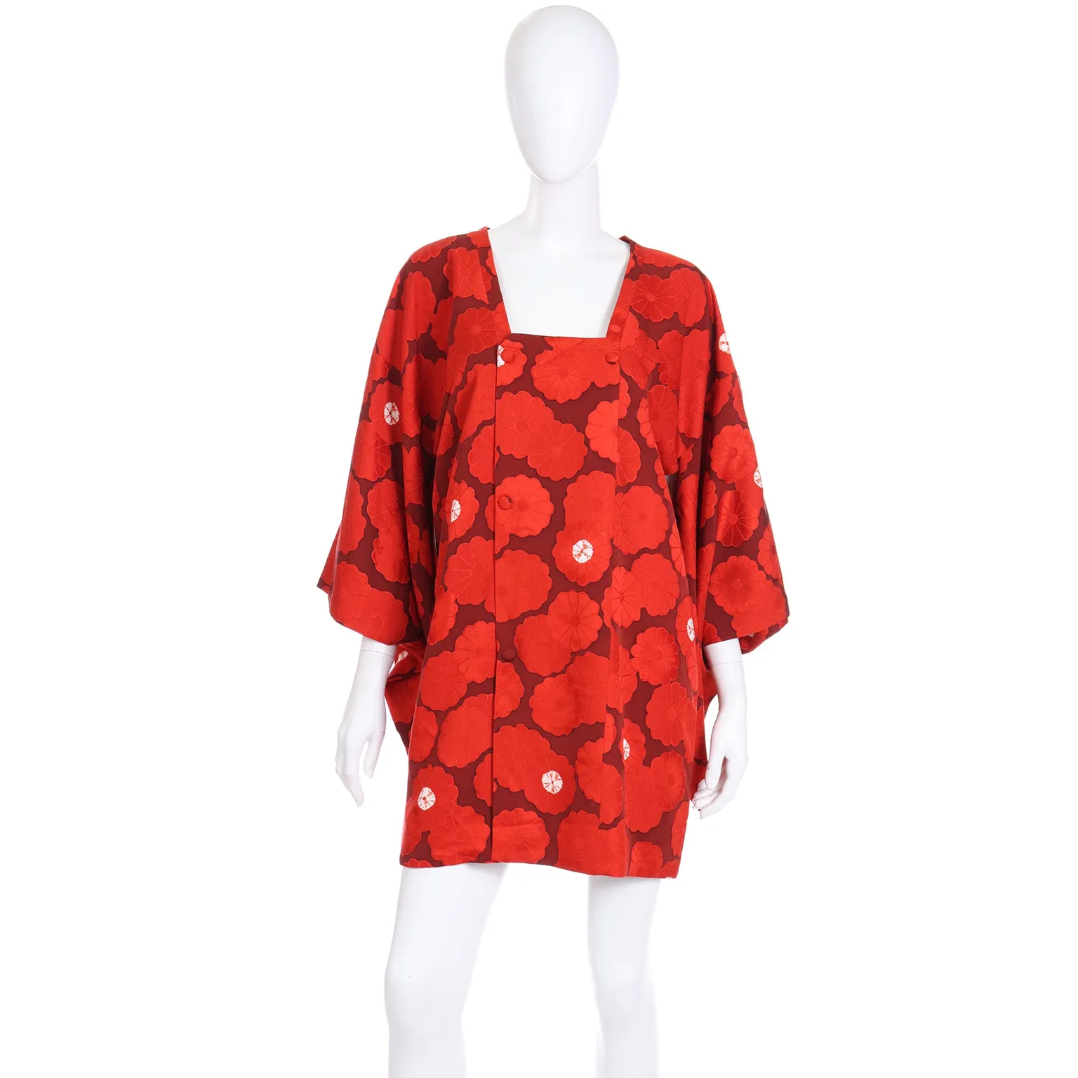 1960s Japanese Vintage Red Floral Silk Michiyuki Haori Jacket