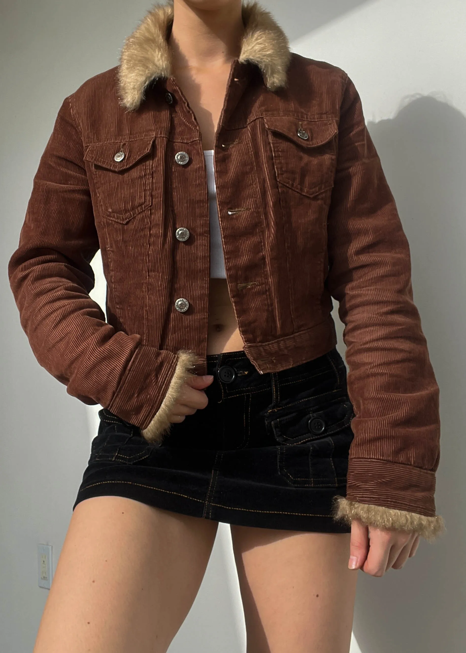 2000's Chestnut Corduroy Fur Trim Jacket (M)