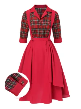 2PCS Red 1940s Plaid Shirt & Suspender Skirt