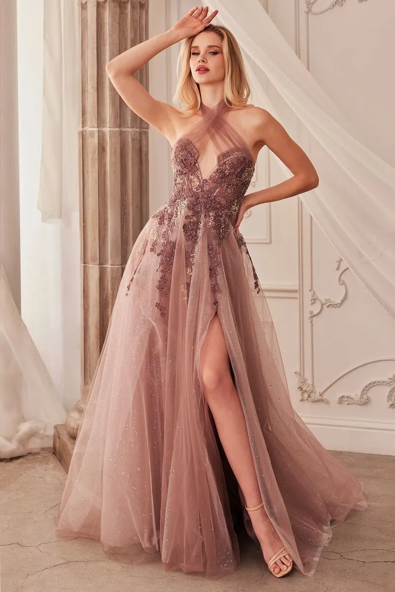 A-Line Layered Tulle Side Slit Embroidered Bodice Long Prom Dress