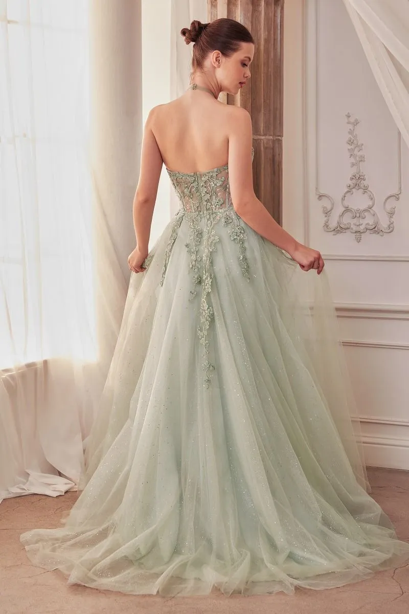 A-Line Layered Tulle Side Slit Embroidered Bodice Long Prom Dress