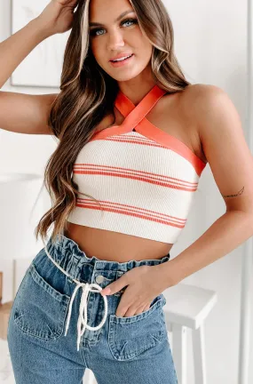 A Retro Moment Striped Halter Crop Top (Orange)