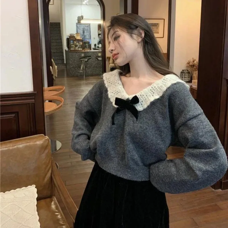 Aiertu  Korean Style Sweaters Women Kawaii Sweet Pullovers Grey Bow Knited Crop Tops Vintage Patchwork Sweater Autumn Winter