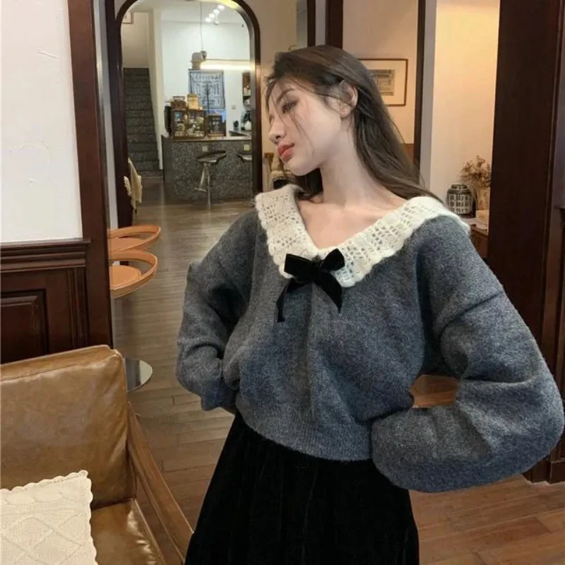 Aiertu  Korean Style Sweaters Women Kawaii Sweet Pullovers Grey Bow Knited Crop Tops Vintage Patchwork Sweater Autumn Winter