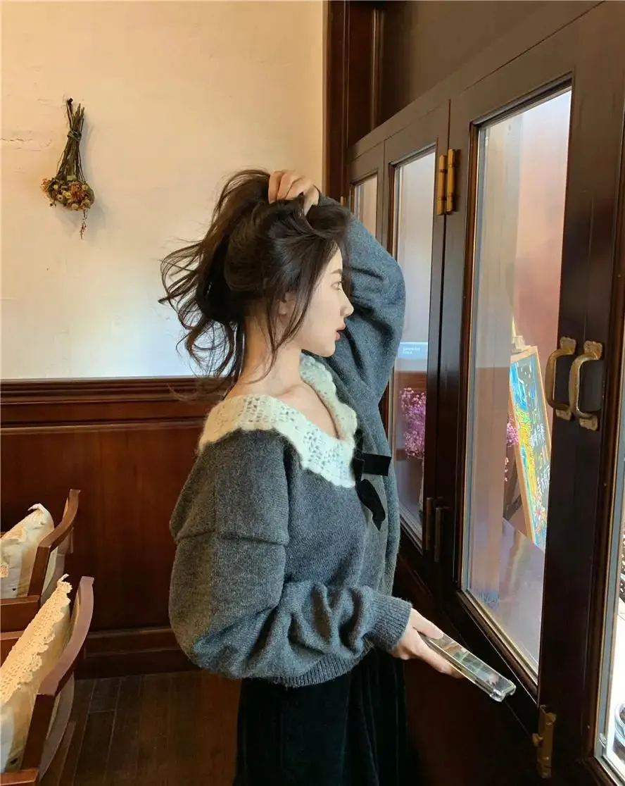 Aiertu  Korean Style Sweaters Women Kawaii Sweet Pullovers Grey Bow Knited Crop Tops Vintage Patchwork Sweater Autumn Winter