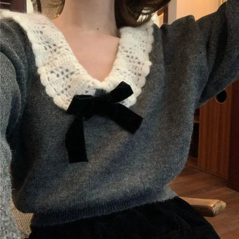 Aiertu  Korean Style Sweaters Women Kawaii Sweet Pullovers Grey Bow Knited Crop Tops Vintage Patchwork Sweater Autumn Winter