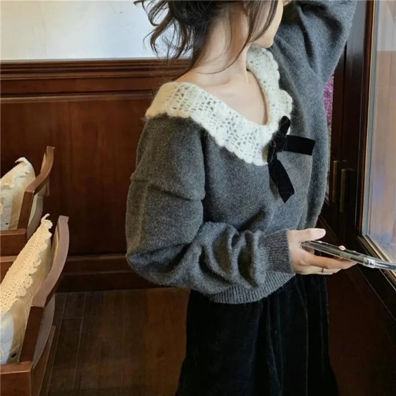 Aiertu  Korean Style Sweaters Women Kawaii Sweet Pullovers Grey Bow Knited Crop Tops Vintage Patchwork Sweater Autumn Winter