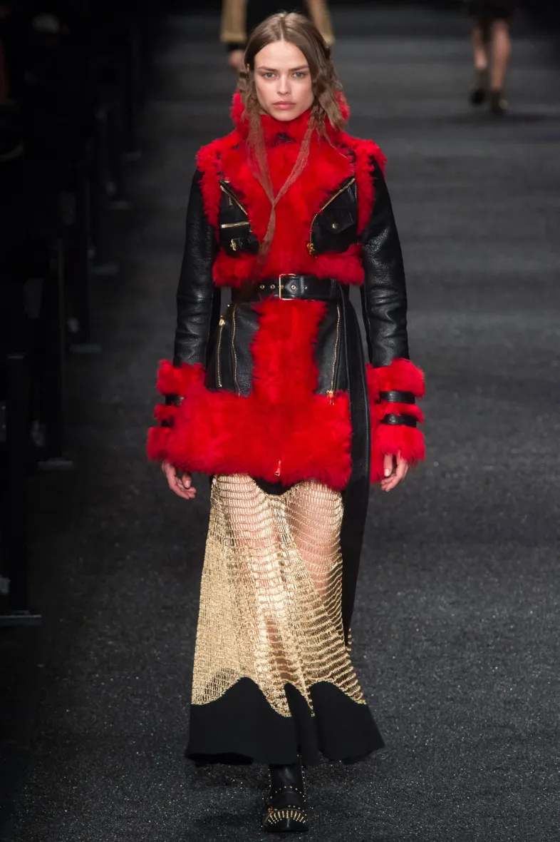 Alexander McQueen FW 2017 black leather and red dyed shearling fur paneled coat