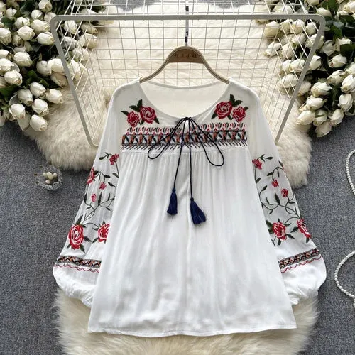 ARWEN AJH  Ethnic Style Top Women's New 2024 spring Vintage Heavy Embroidered floral Puff Sleeve Loose All-match pullover shirt blouse