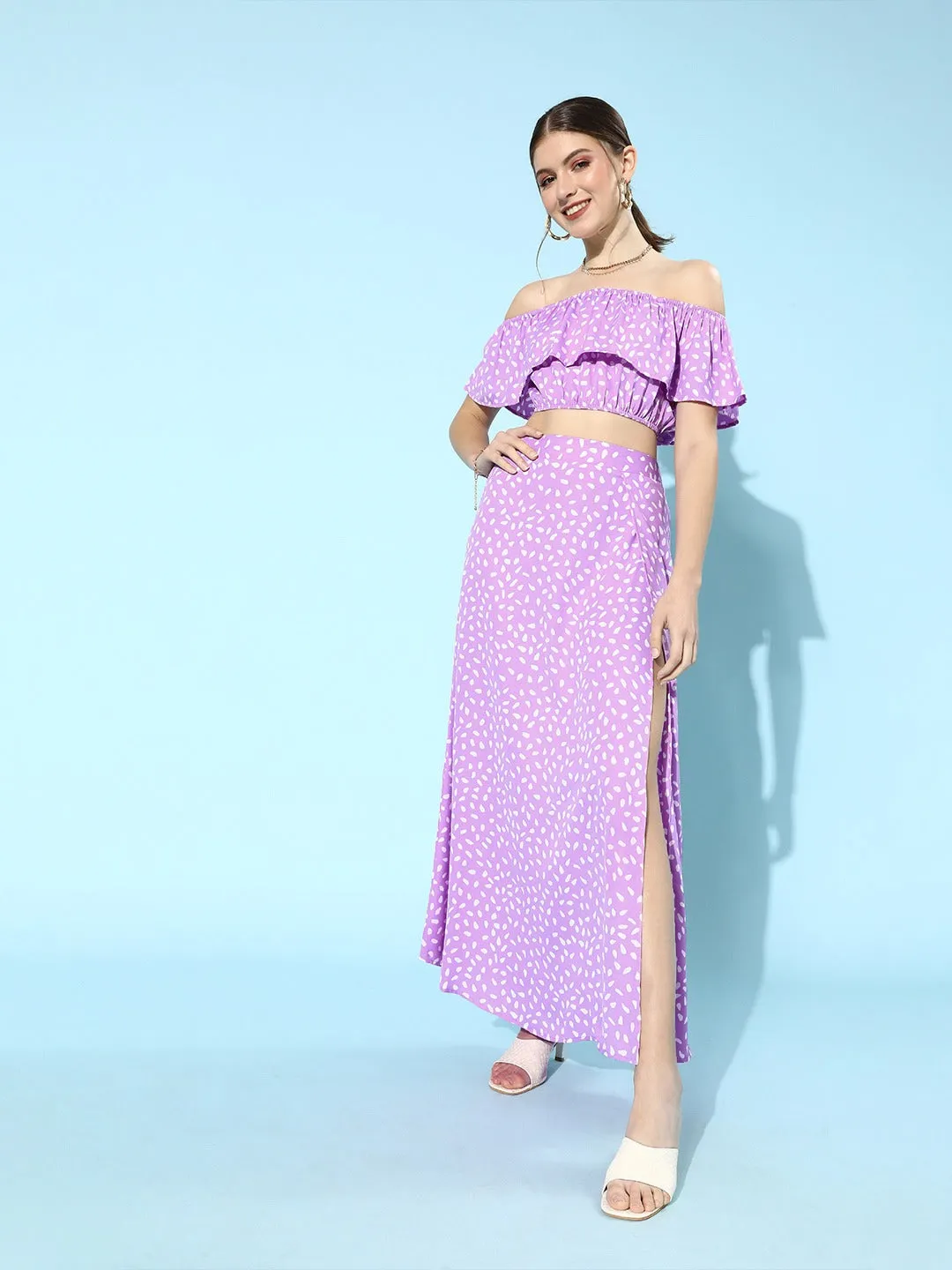 Berrylush Women Purple Abstract Printed Off-Shoulder Two-Piece Maxi Dress