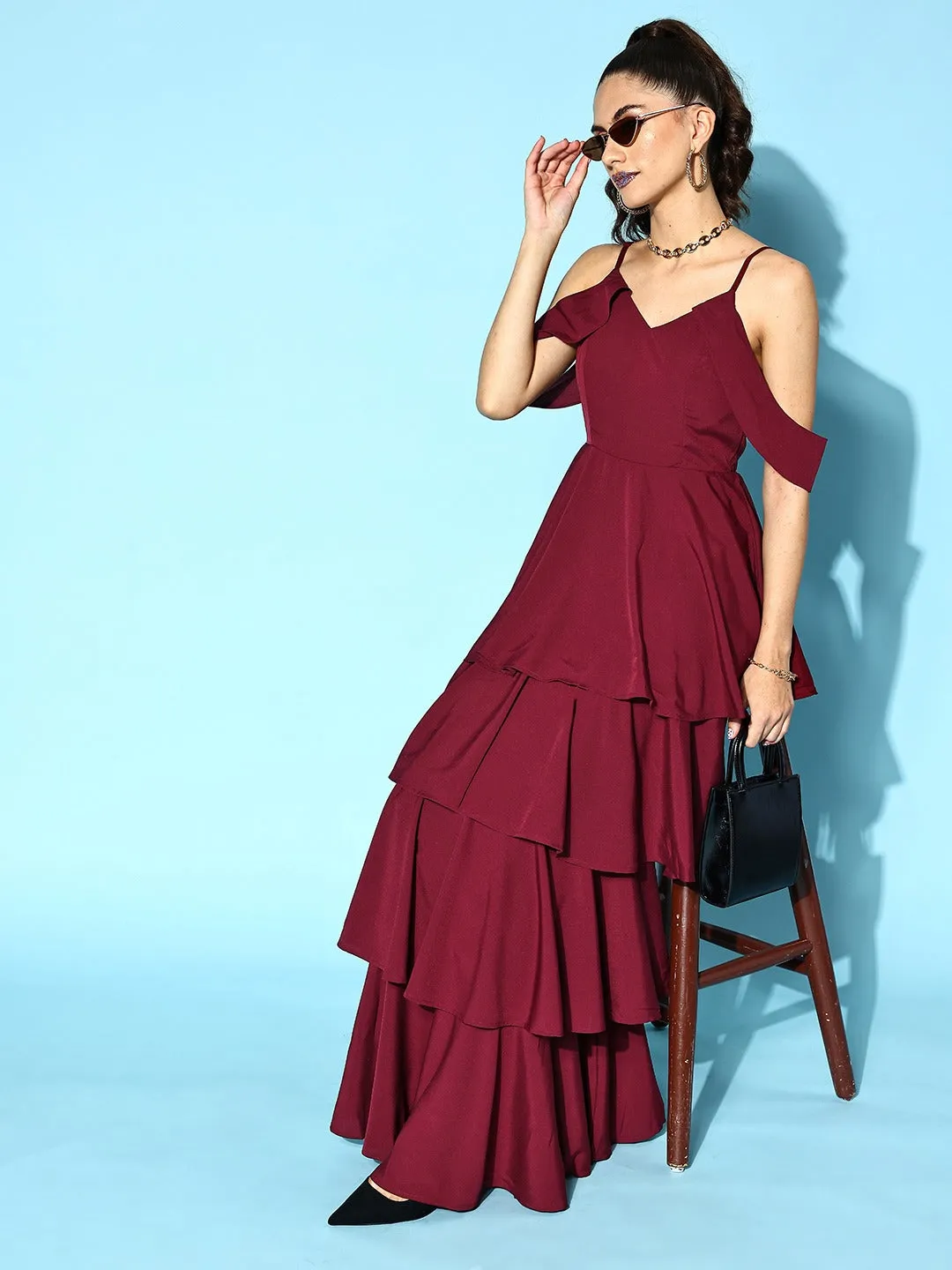 Berrylush Women Solid Maroon V-Neck Cold-Shoulder Flounce Hem Layered A-Line Maxi Dress