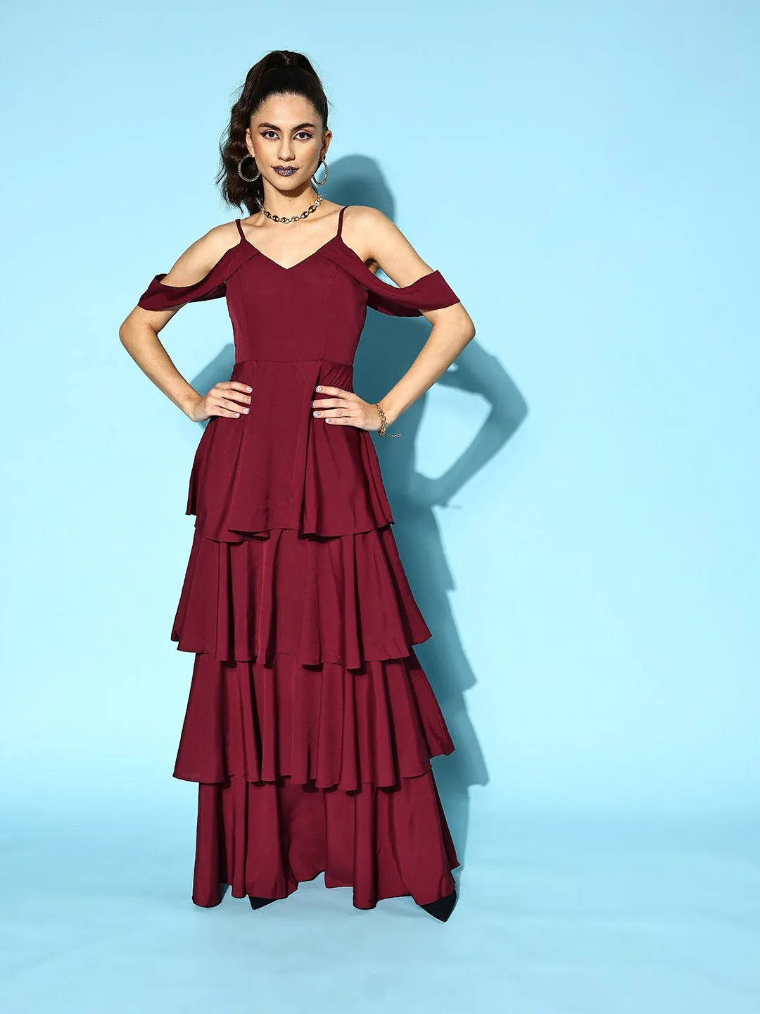 Berrylush Women Solid Maroon V-Neck Cold-Shoulder Flounce Hem Layered A-Line Maxi Dress