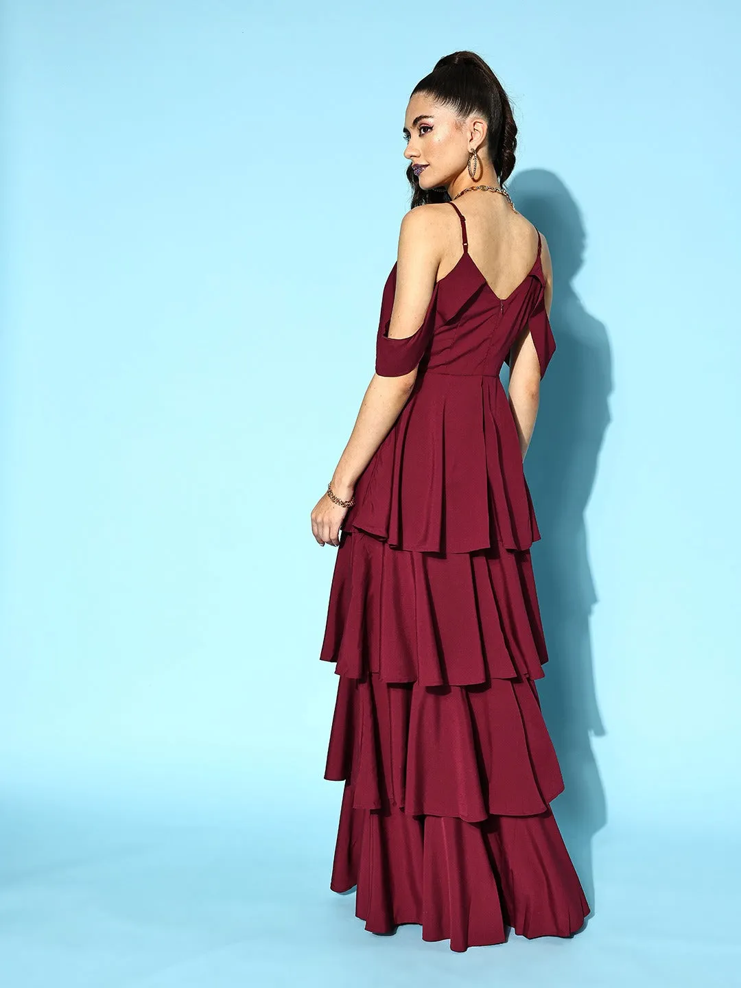 Berrylush Women Solid Maroon V-Neck Cold-Shoulder Flounce Hem Layered A-Line Maxi Dress