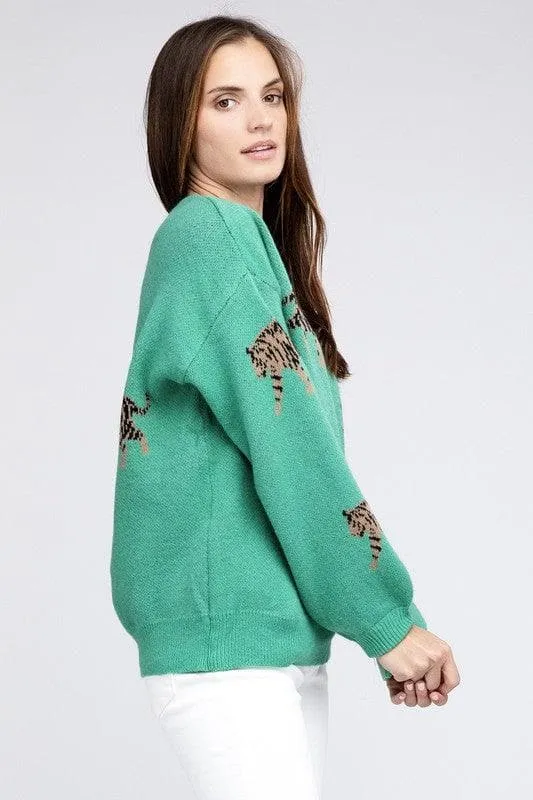 BiBi Tiger Prowl Pattern Sweater, Jade