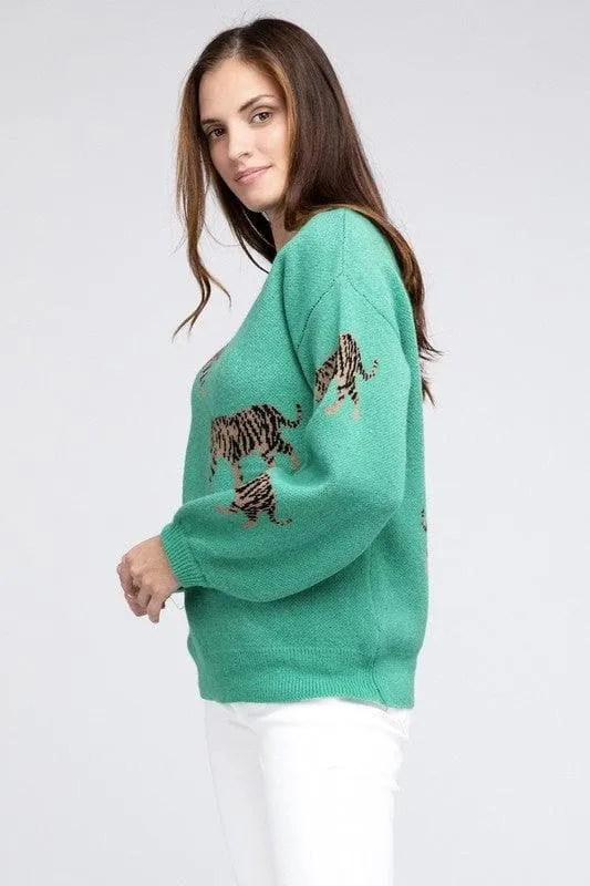 BiBi Tiger Prowl Pattern Sweater, Jade