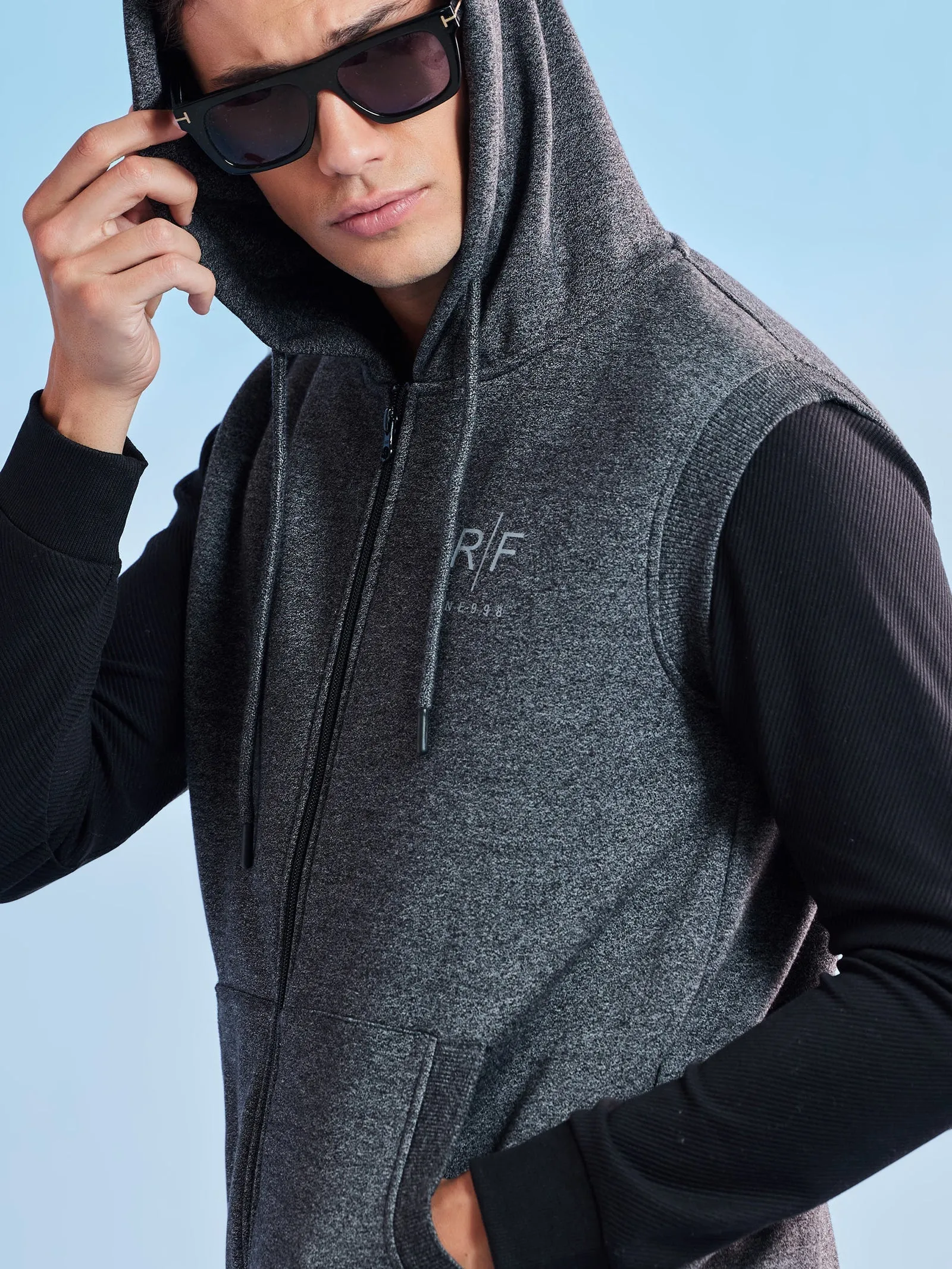 Black Fleece Sleeve Less Hooded Sweatshirt