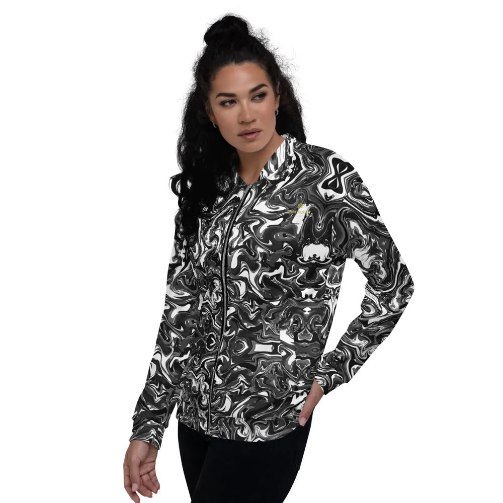 Black White Marble Bomber Jacket, Unisex Jacket For Men/Women With Pockets-Made in EU