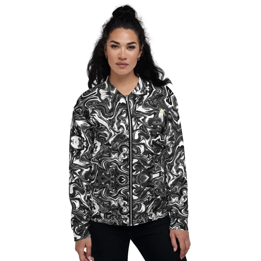 Black White Marble Bomber Jacket, Unisex Jacket For Men/Women With Pockets-Made in EU