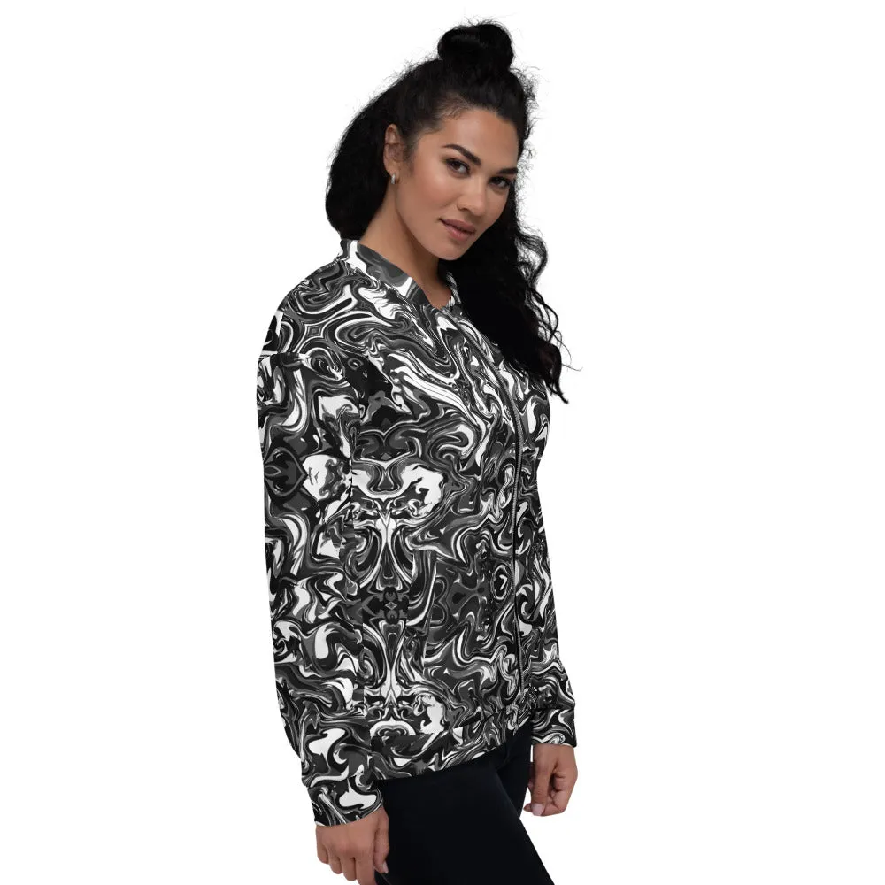 Black White Marble Bomber Jacket, Unisex Jacket For Men/Women With Pockets-Made in EU