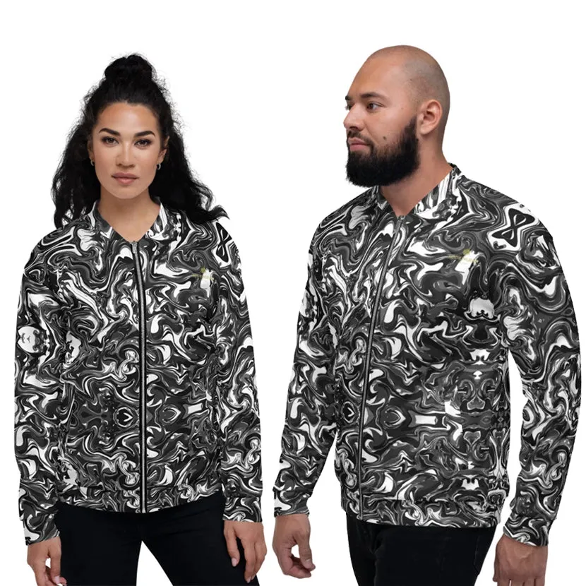 Black White Marble Bomber Jacket, Unisex Jacket For Men/Women With Pockets-Made in EU