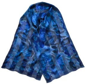 Blue Satin Stripe Hand Painted Scarf