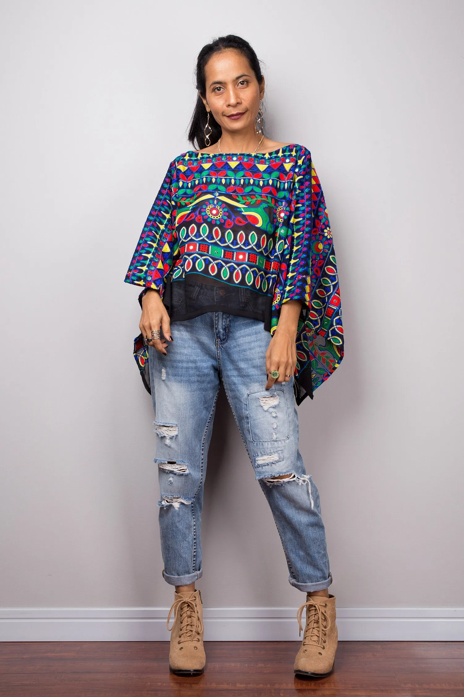 Boho poncho top with embroidery