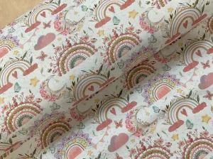 Boho Rainbows on White Cotton Jersey Fabric