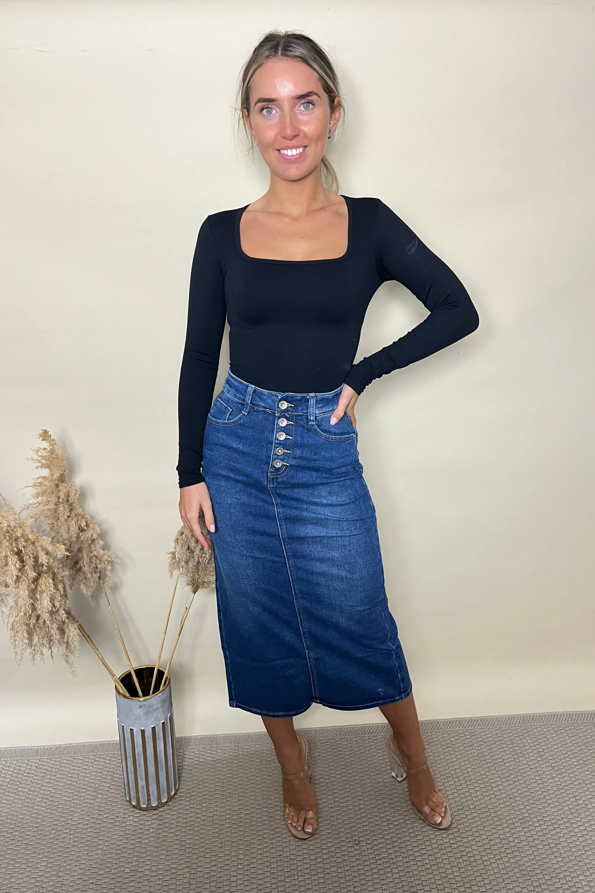 Button Front Denim Midi Skirt