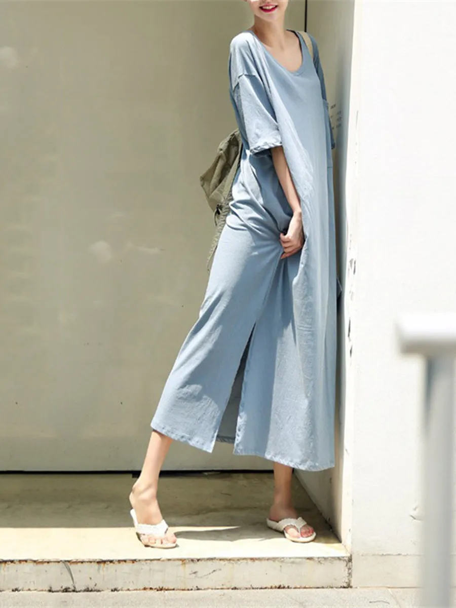 Casual  Loose Short Sleeves Fork Maxi Dress