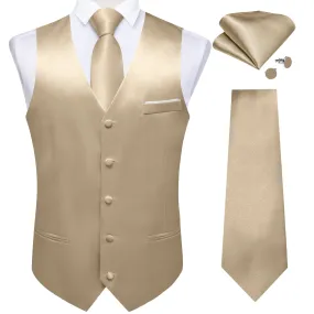 Champagne Solid Shining Silk Men Vest Necktie Bow Tie Handkerchief Cufflinks Set