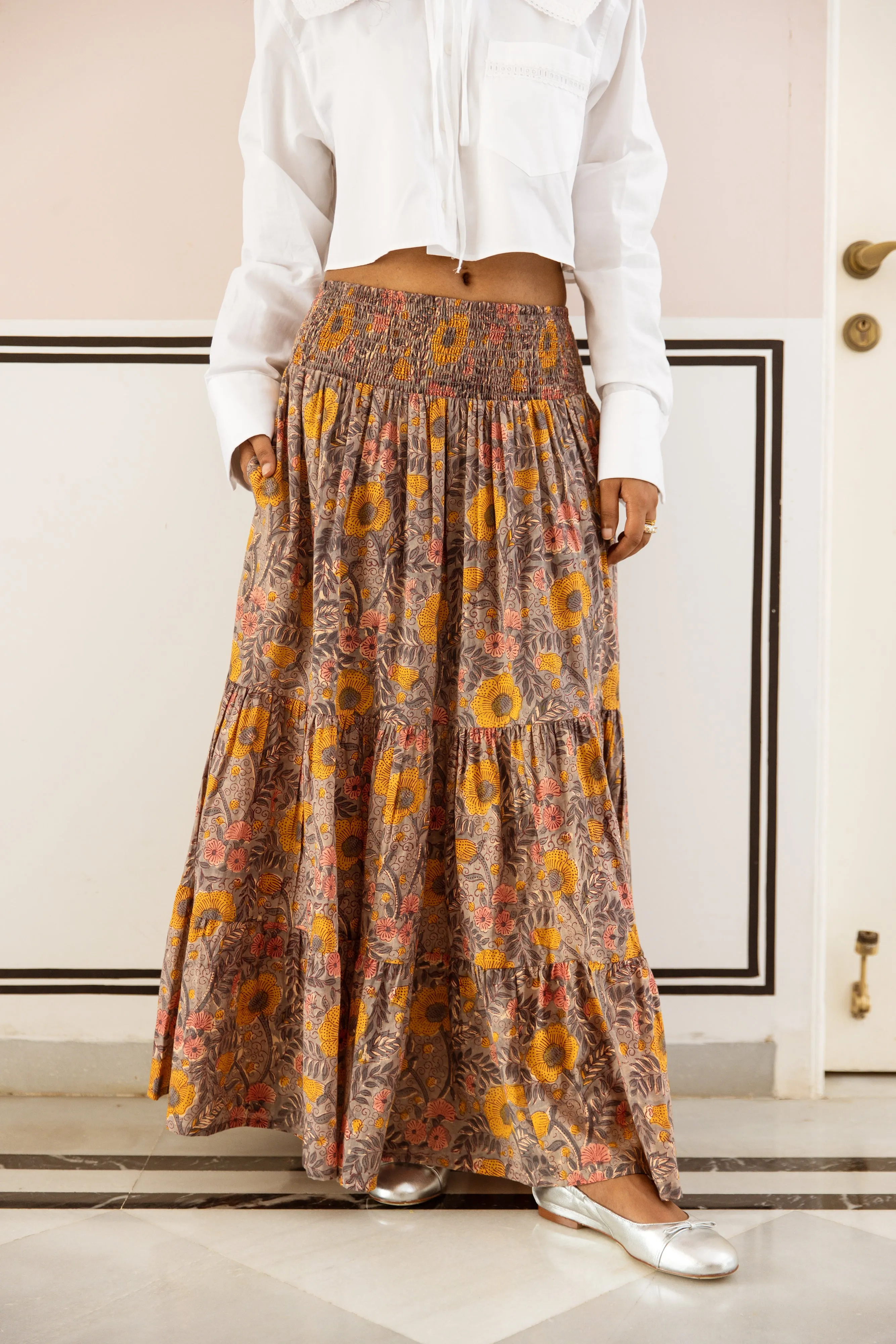 Cotton Block Print Skirt - Grey Autumnal Print