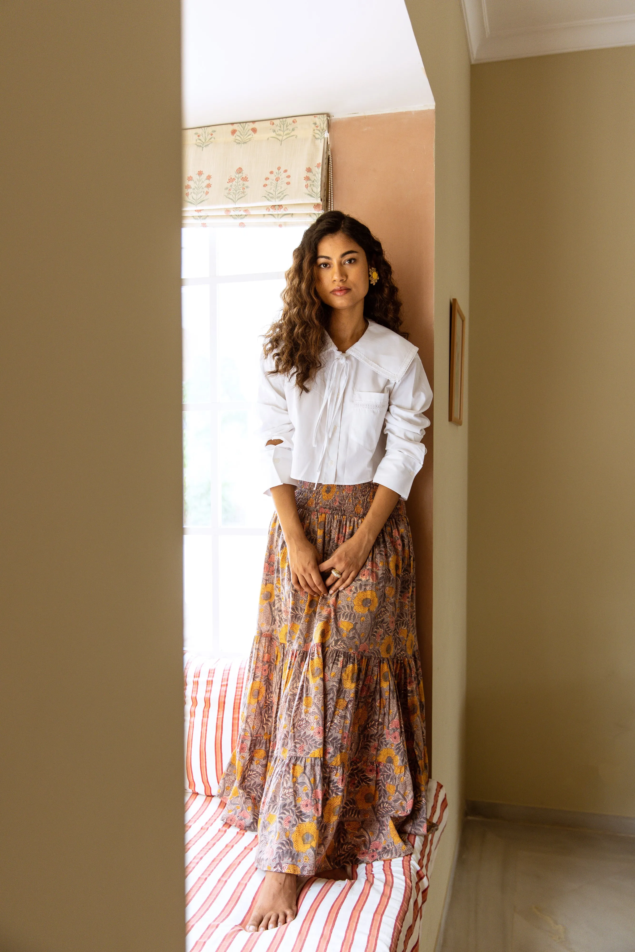 Cotton Block Print Skirt - Grey Autumnal Print