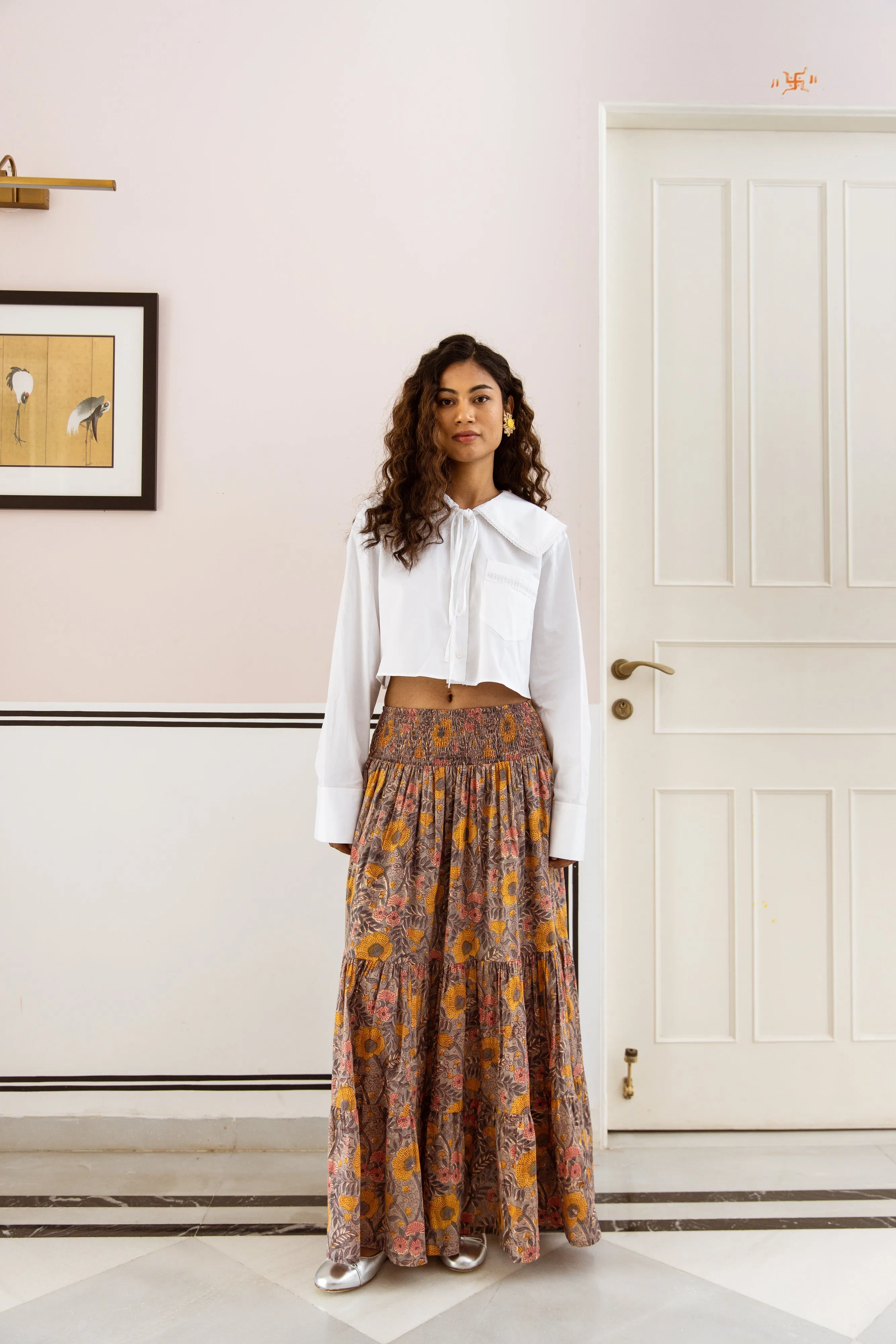 Cotton Block Print Skirt - Grey Autumnal Print