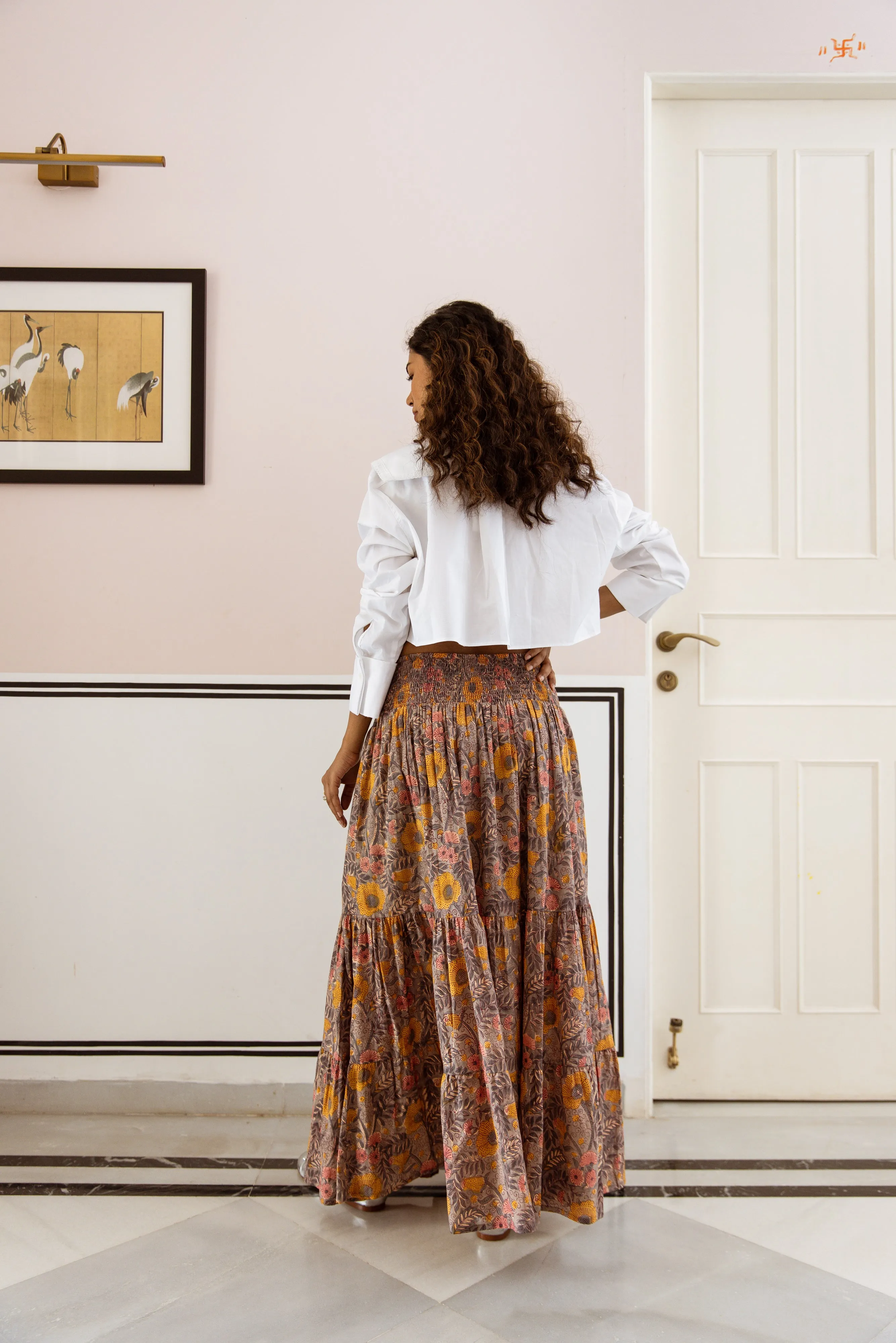 Cotton Block Print Skirt - Grey Autumnal Print