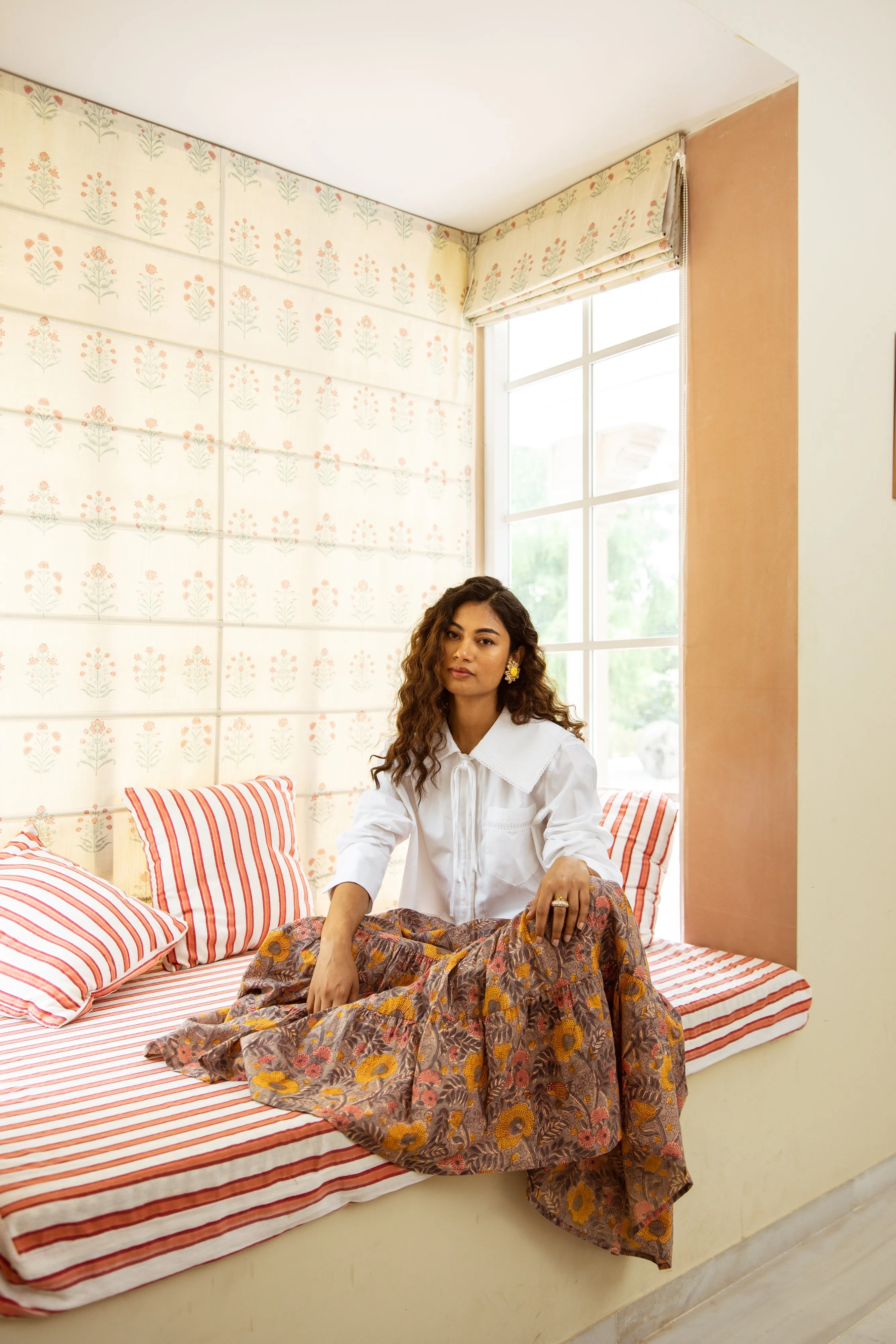 Cotton Block Print Skirt - Grey Autumnal Print