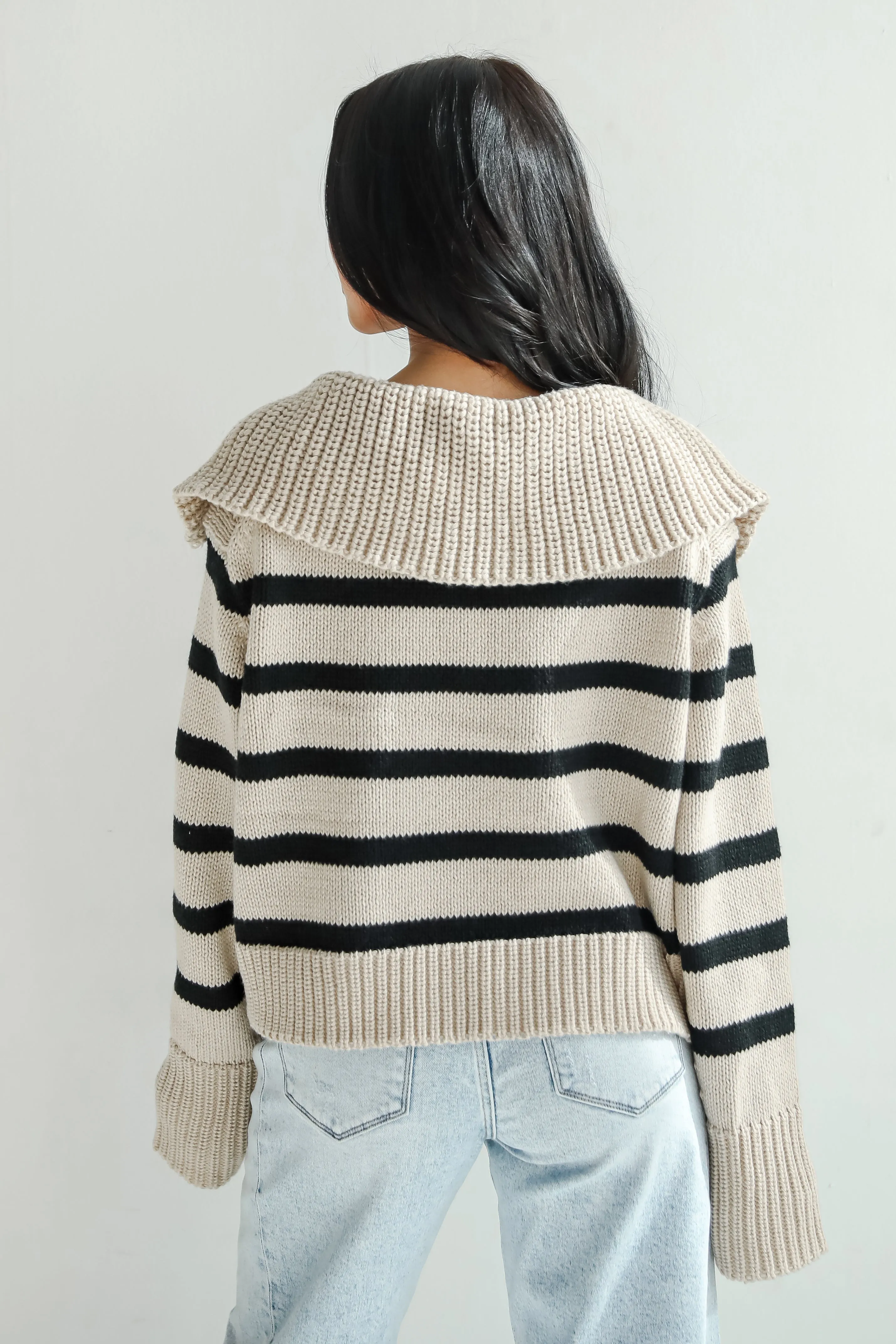 Coziest Cuddles Beige Striped Collared Sweater