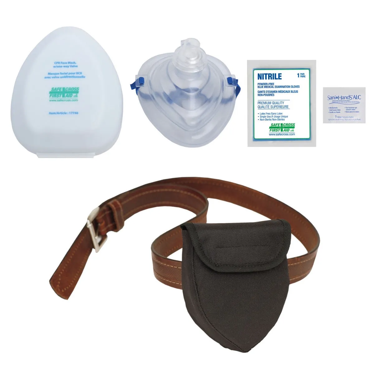 CPR FACE MASK w/ONE-WAY VALVE, GLOVES & ANTIMICROBIAL WIPE IN LARGE NYLON POUCH