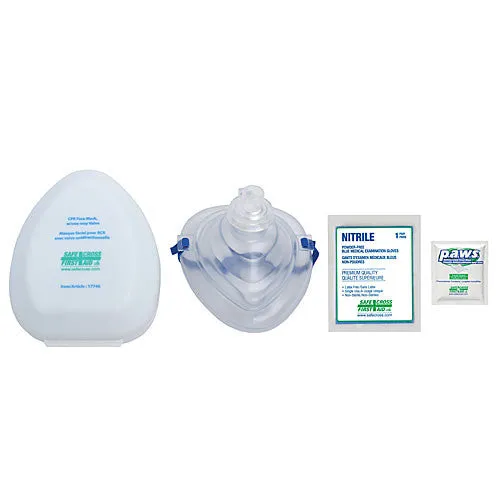 CPR FACE MASK w/ONE-WAY VALVE, GLOVES & ANTIMICROBIAL WIPE IN PLASTIC CASE