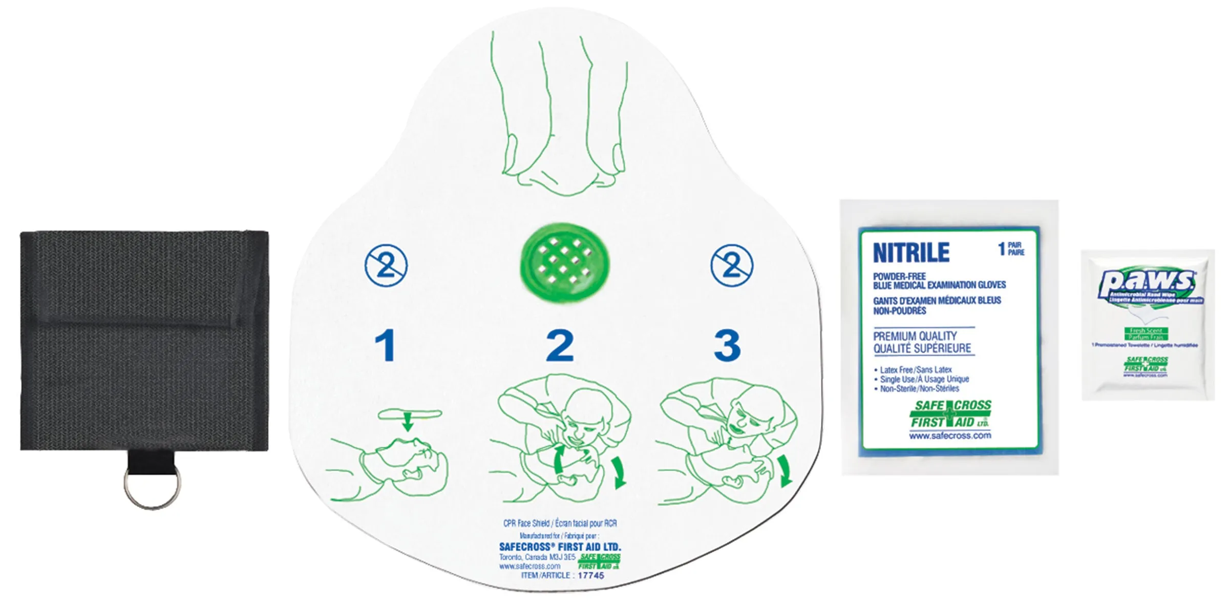 CPR FACE SHIELD IN NYLON POUCH w/1 PAIR NITRILE GLOVES & ANTIMICROBIAL WIPE