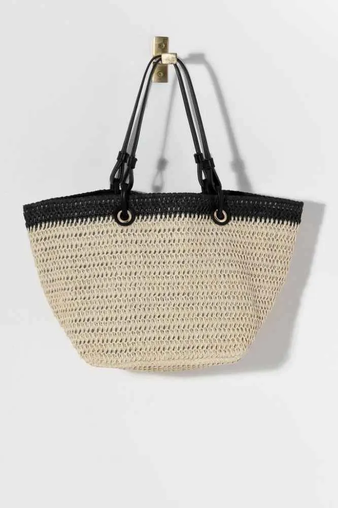 Dalia Paper Straw Tote Bag, Natural/Black