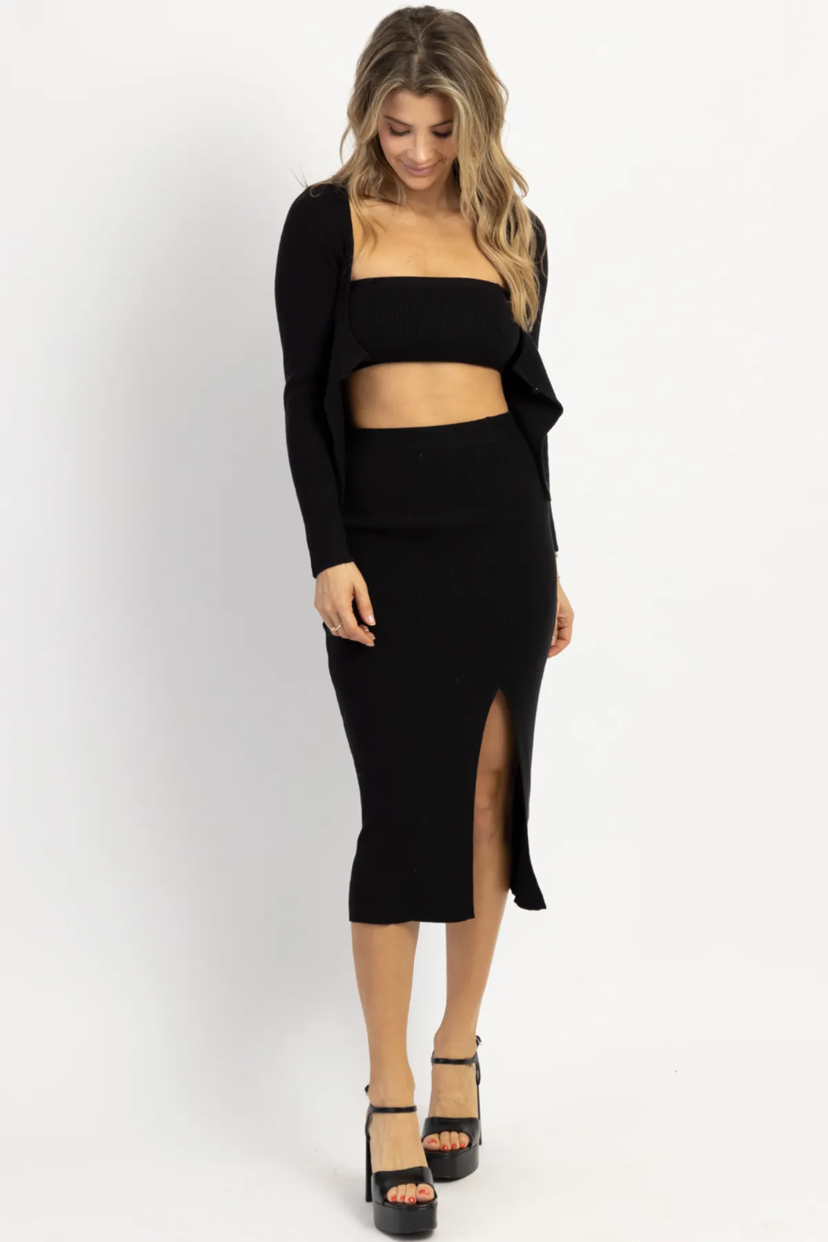 EVIE BLACK CARDI   MIDI 3 PIECE SET