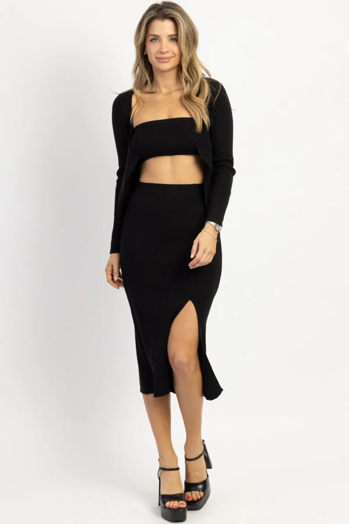 EVIE BLACK CARDI   MIDI 3 PIECE SET