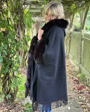 Faux Fur Hooded Cape - Black