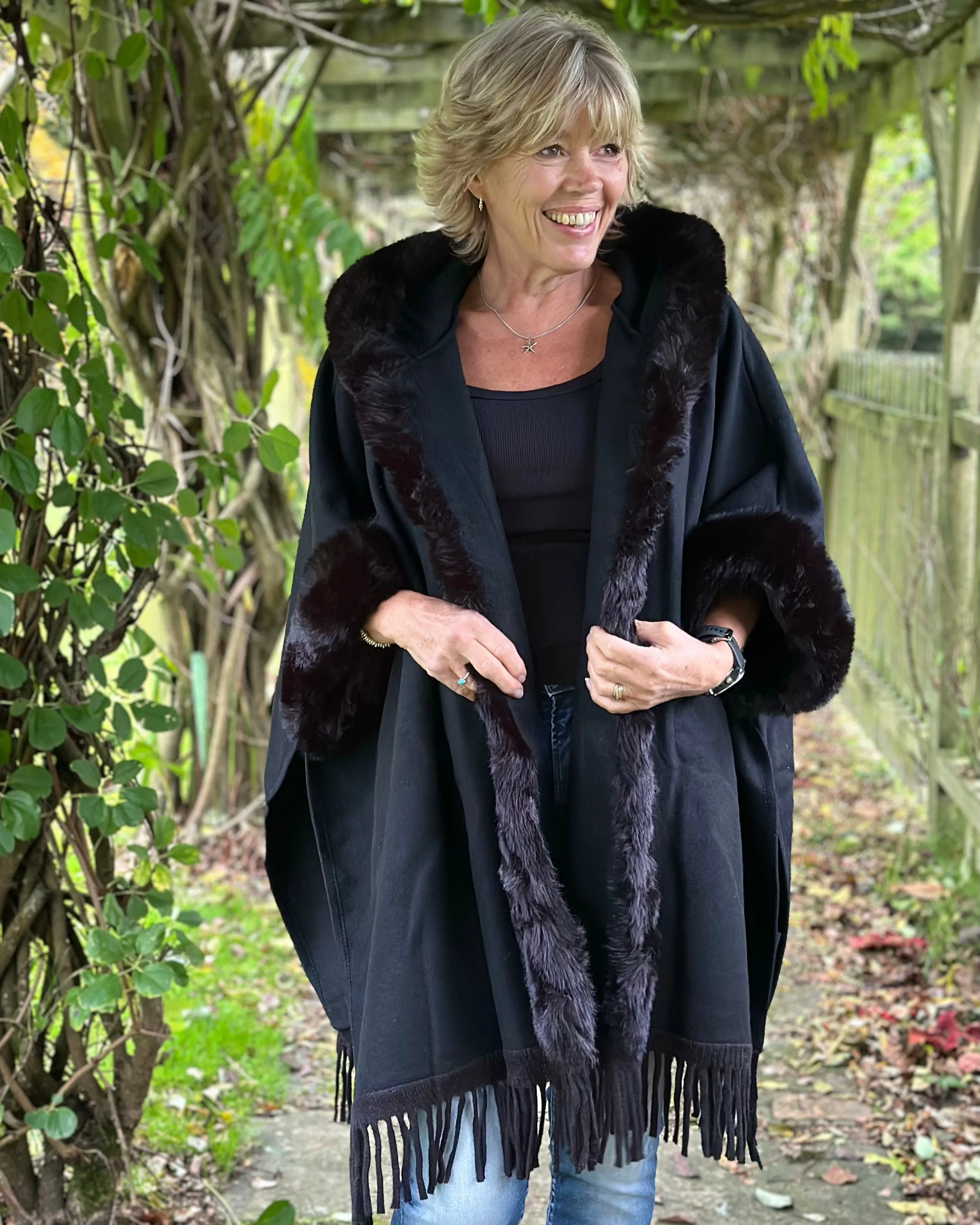 Faux Fur Hooded Cape - Black