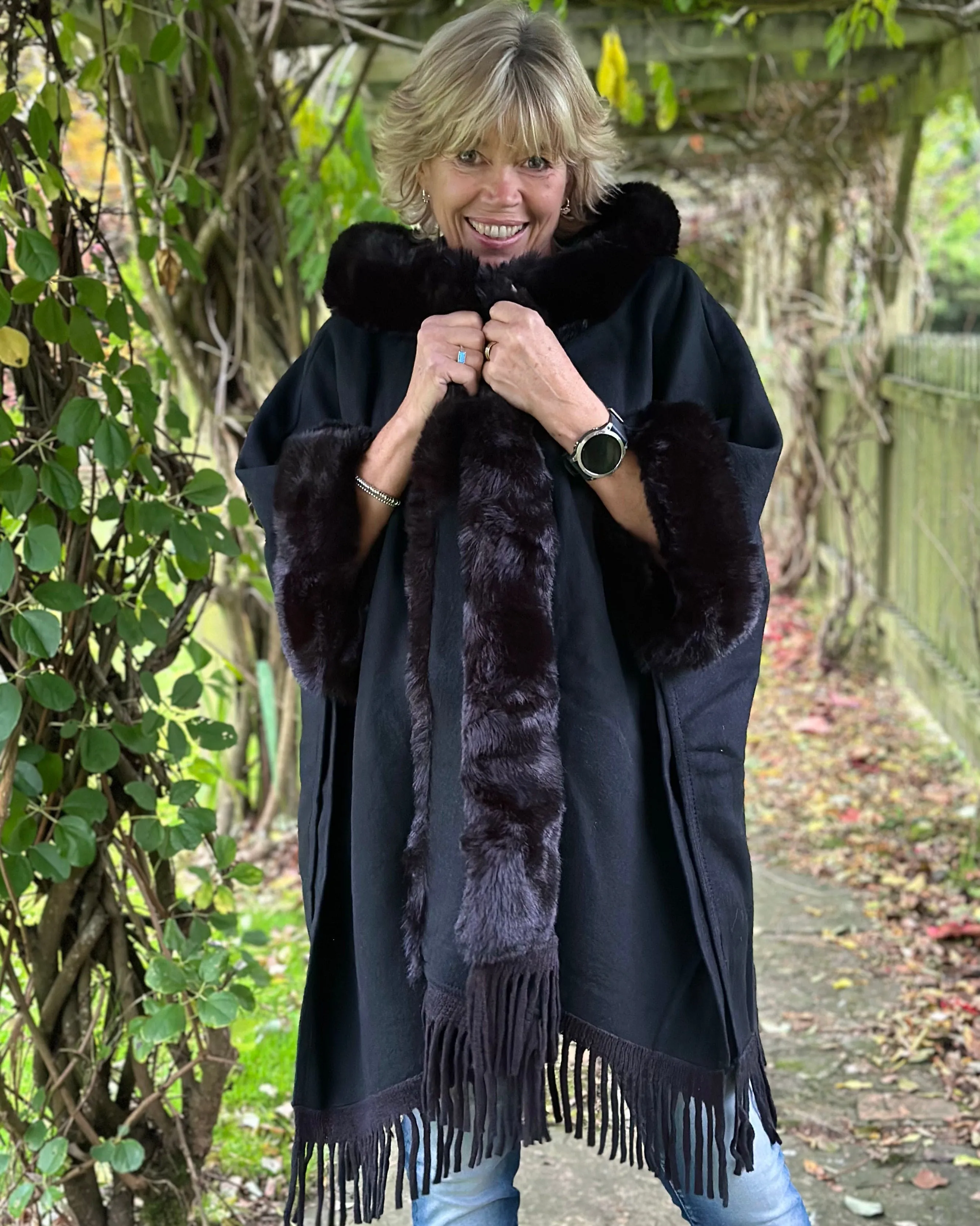 Faux Fur Hooded Cape - Black