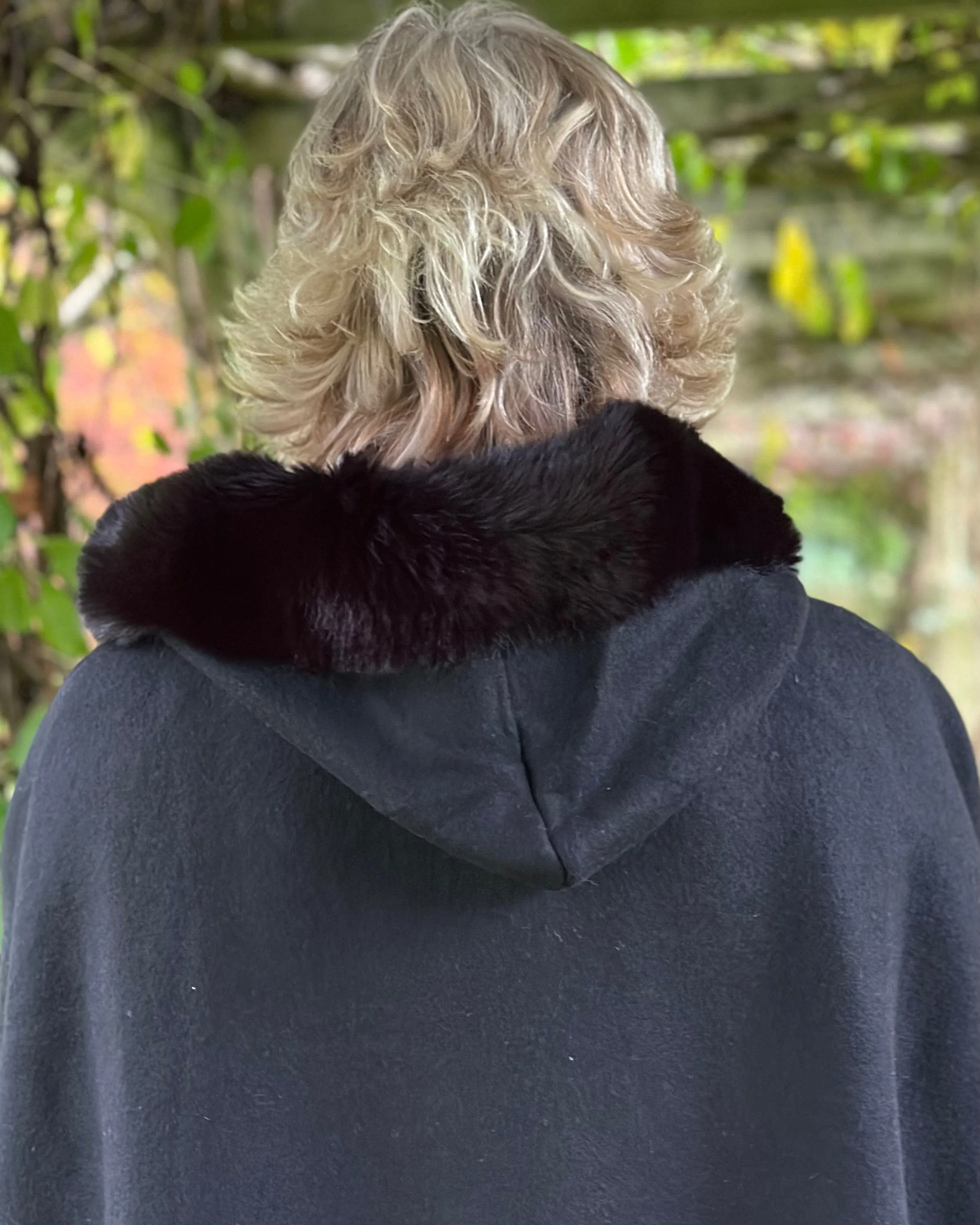 Faux Fur Hooded Cape - Black