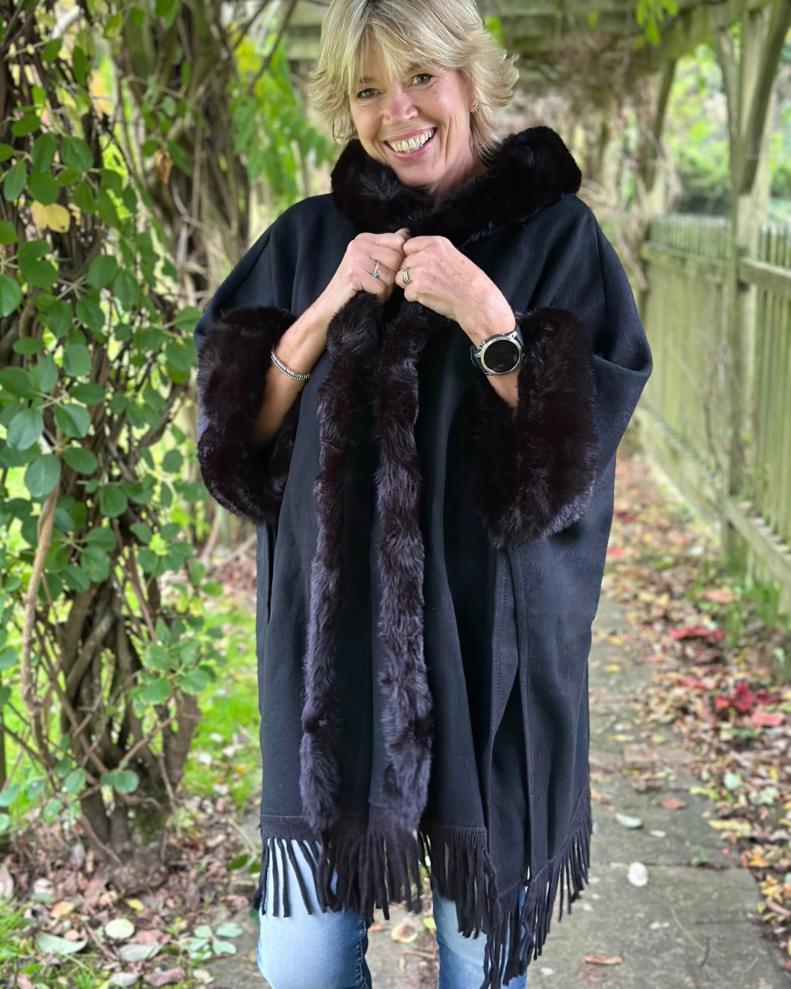 Faux Fur Hooded Cape - Black